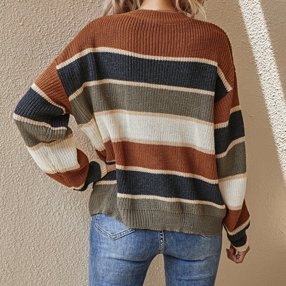 Cozy Color Block Stripes Oversized Sweater - Picture 3 of 4